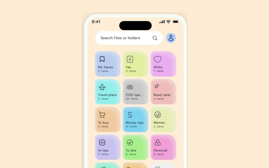 EZ Save — colourful folders organising saved files, photos and links