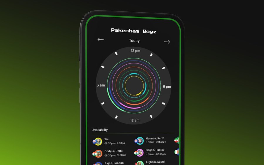 GameTime — group availability clock showing everyone's free time slots on an iPhone