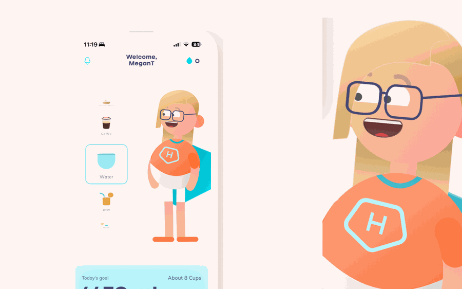 Hydration Hero — app home screen beside the smiling Hydration Hero character