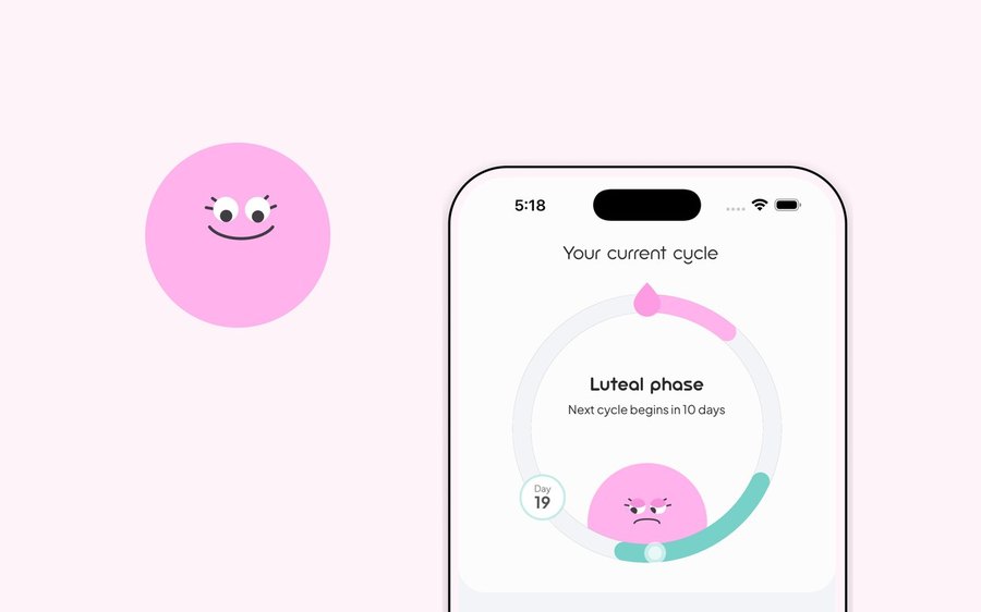 SheSync — cycle tracking phone screen with the SheSync blob character